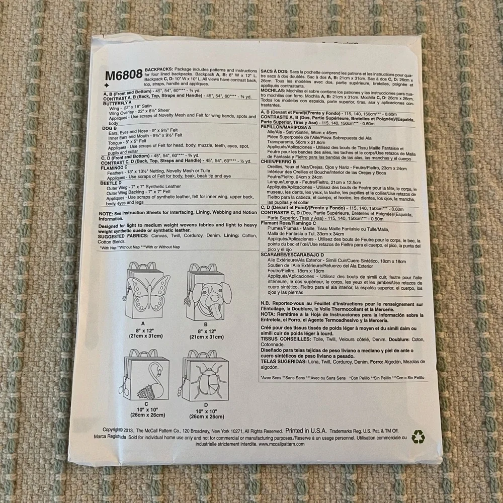 McCall’s Fashion Accessories - Backpack Pattern - M6808